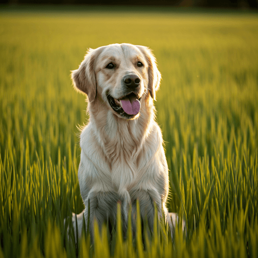 Happy golden retriever sitting in a sun-drenched field at golden hour