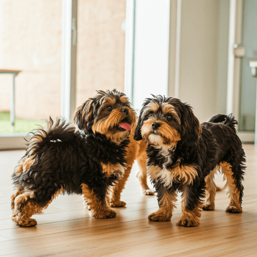 Group of small diverse dogs playing together in a bright modern indoor play area