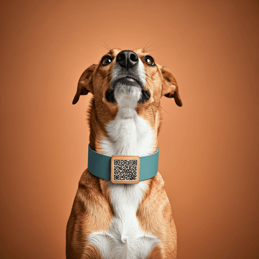 Dog wearing a modern collar with a sleek metallic QR code tag