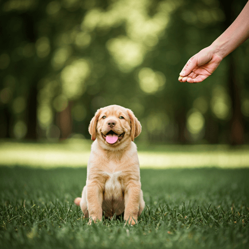 Happy puppy being trained in a park with a professional trainer